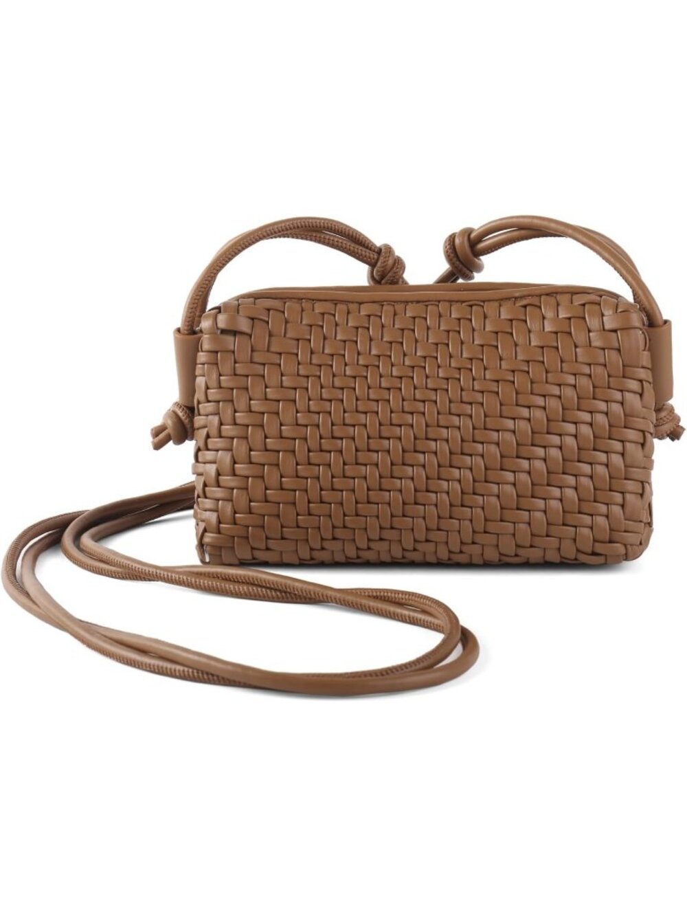 Women's Brown Small Woven Vegan Leather Zipper Imported Crossbody Bag